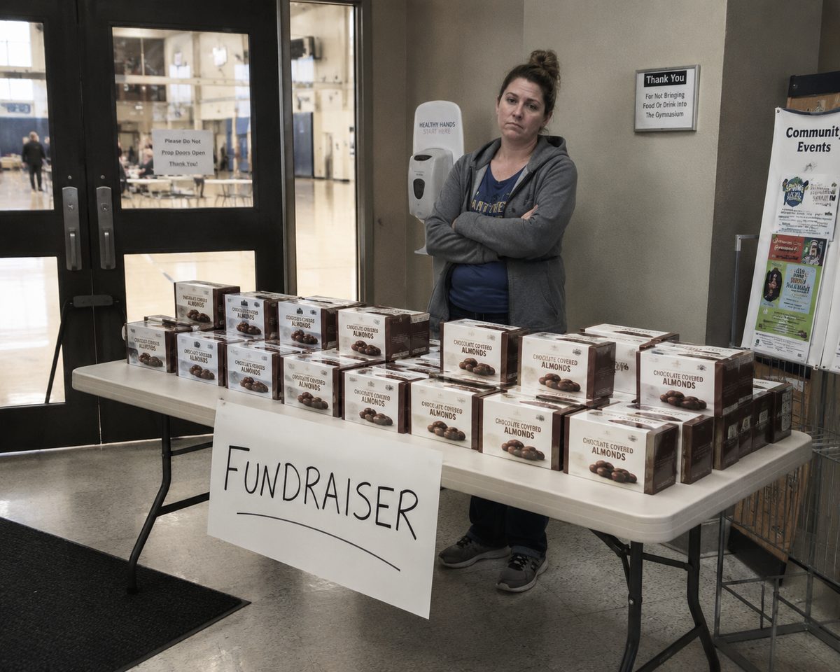 A volunteer at a chocolate-almond fundraiser table
