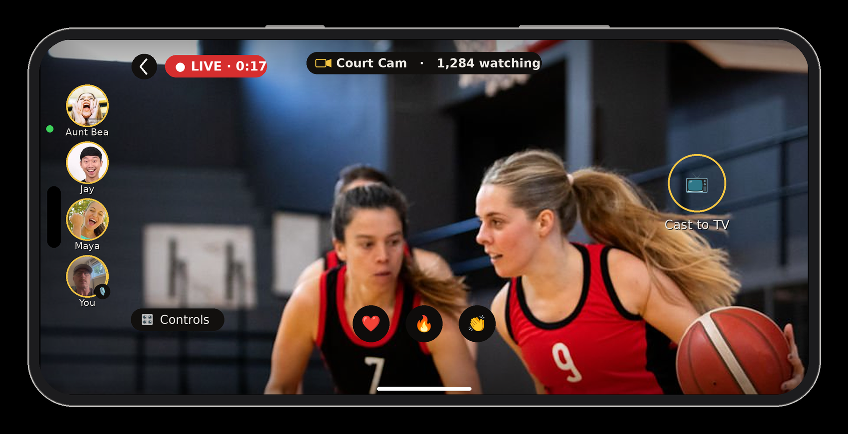 Family co-watching a live game together in the MOMMENT app